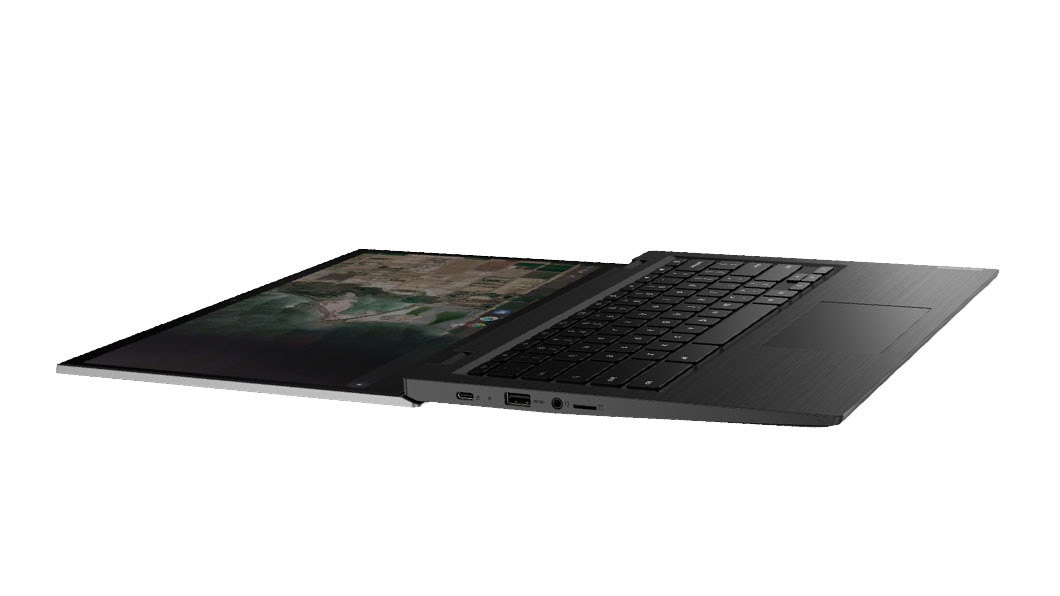 Chromebook Lenovo 14e ouvert à 180 degrés, vue de côté 