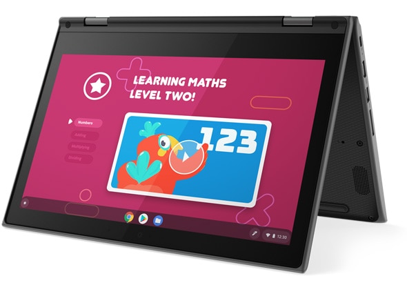 Lenovo 300e Chromebook (2nd Gen, MTK) in presentation mode, with interactive app on screen.