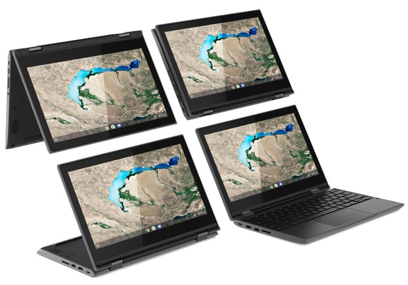 The Lenovo 300e Chromebook (2nd Gen, MTK) accommodating 4 different modes: Laptop, Tent, Stand, Tablet.