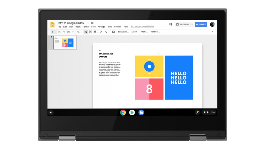 300e Chromebook a mostrar o ecrã com as Apresentações do Google