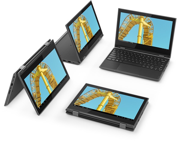 360-degree hinges enable the Lenovo 300e 2-in-1 to accommodate 4 different modes: tent, stand, laptop, and tablet. 