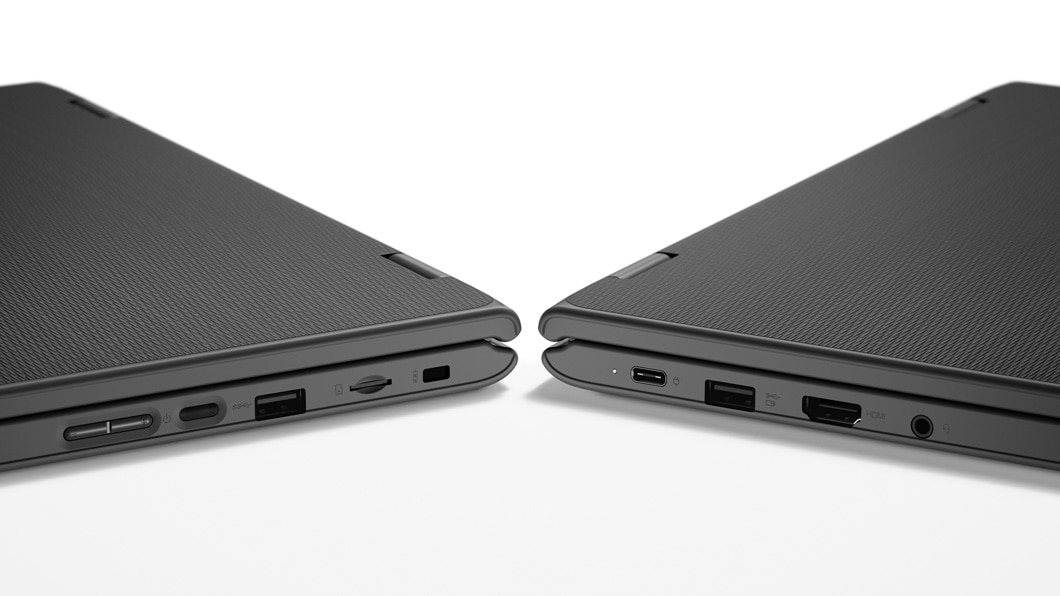 Two 300e Windows laptops, closed side by side showing ports.