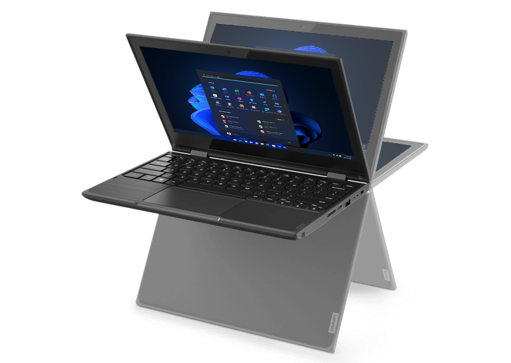 Lenovo 300e 2-in-1 Windows laptop showing all 4 modes available with 360-degree hinges.