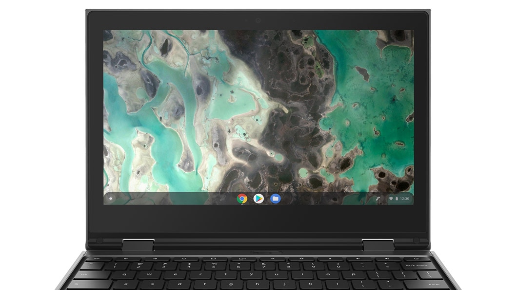 Close up shot of Lenovo 500e Chromebook 2nd Gen showing display in laptop mode