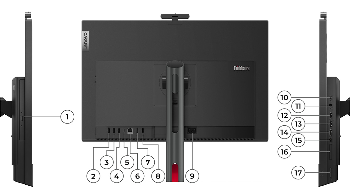 Rear view of ThinkCentre M90a Gen 3 AIO, showing ports,Right side profile of ThinkCentre M90a Gen 3 AIO, showing ports,Left side profile of ThinkCentre M90a Gen 3 AIO, showing ports