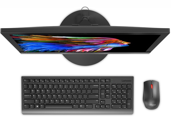 Lenovo V130 AIO in black, aerial view showing the sleek 19.5