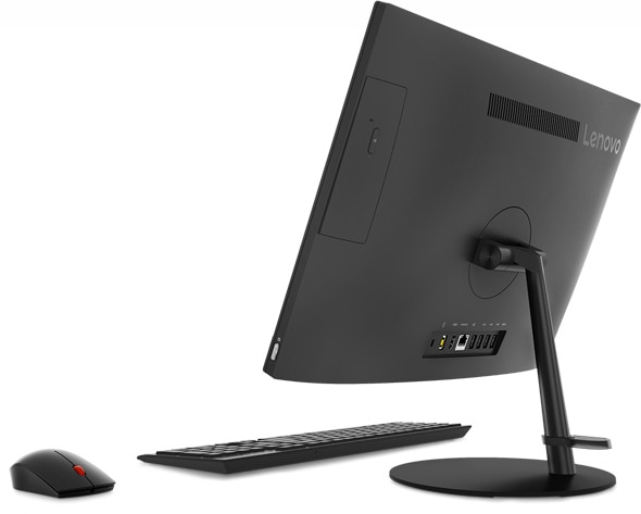 Lenovo V130 AIO in black, rear view showing the cable-tidy hook, keyboard, and mouse