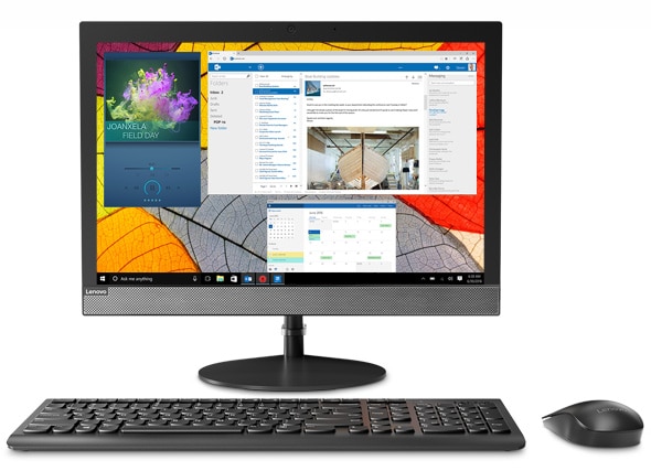  Lenovo V130 - Front-facing shot of the all-in-one with a series of images on screen, plus mouse and keyboard