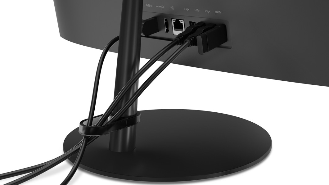 Lenovo V130 AIO in black, rear view showing how the cable-tidy hook keeps cable and wires tangle-free