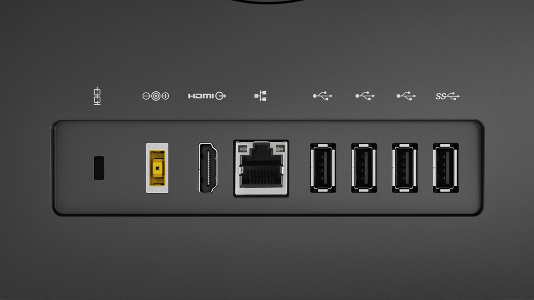 Lenovo V130 AIO in black, rear view showing a close-up of the ports, including HDMI and USB ports