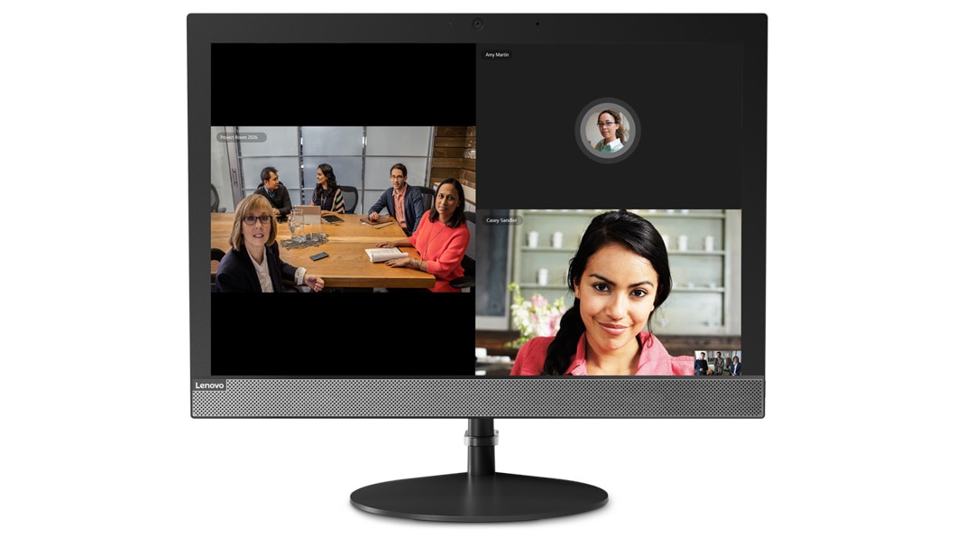 Lenovo V130 AIO in black, front view showing a video conference call taking place