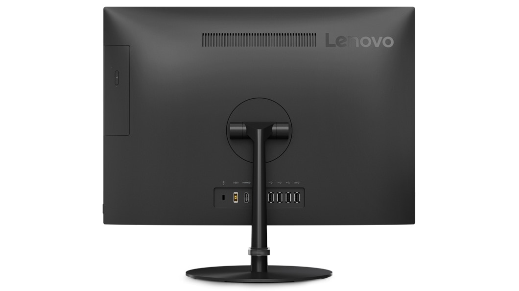 Lenovo V130 AIO in black, rear view showing the back of the display and stand