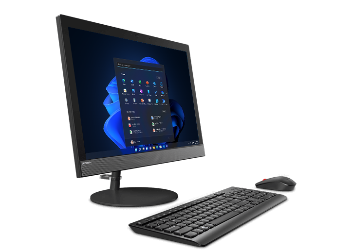 Lenovo V130 AIO in black, side view showing the 19.5" display, keyboard, and mouse