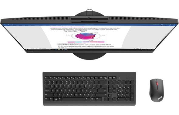 Overhead view of Lenovo V530 AIO with keyboard and mouse showing slim and sleek design.
