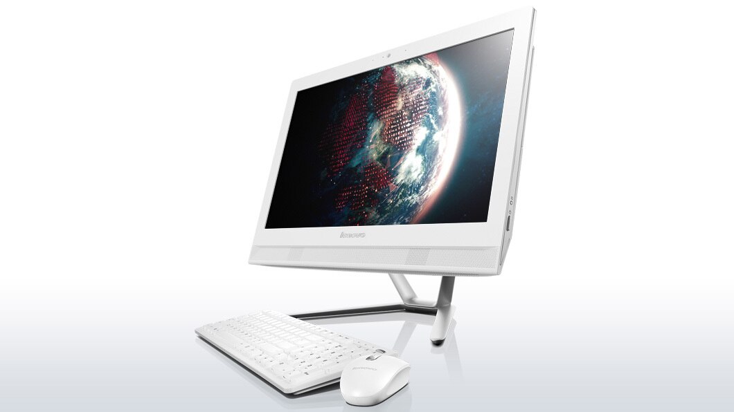 Lenovo C40 right side view in white with keyboard and mouse