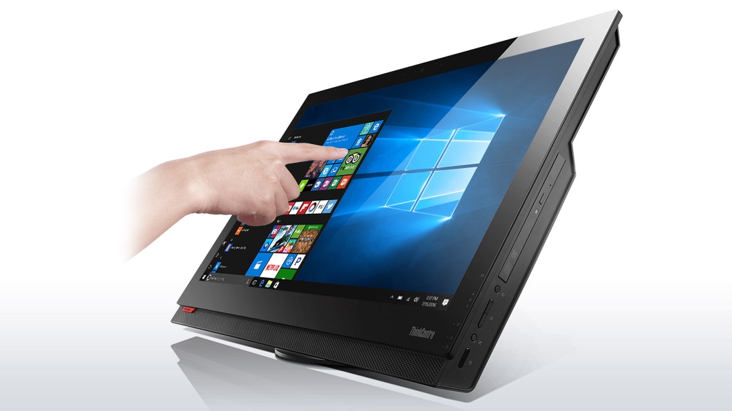 Lenovo ThinkCentre M900z Touch AIO, front right side view with hand touching screen
