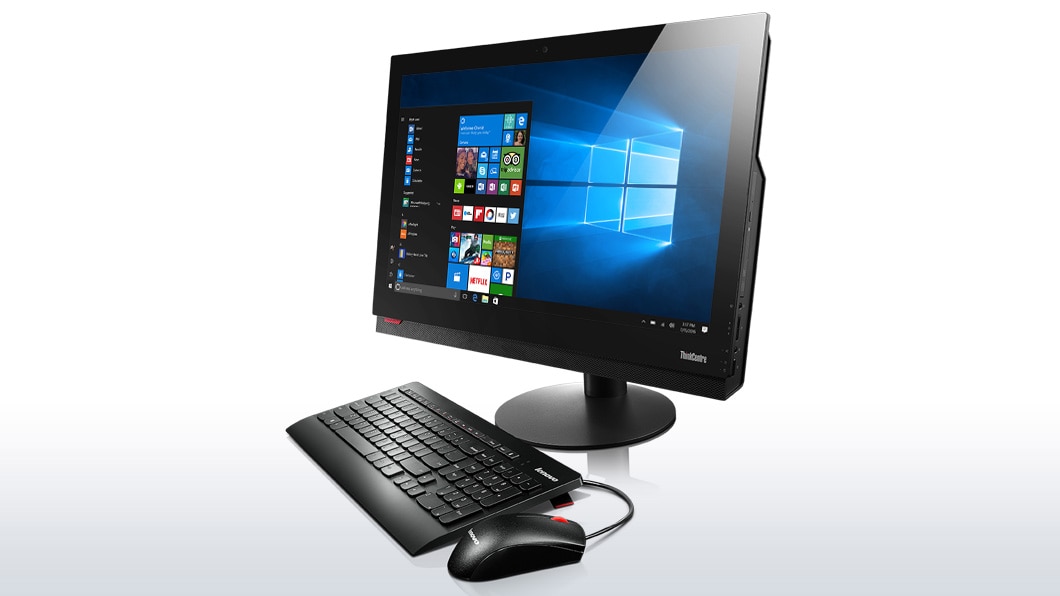 Lenovo ThinkCentre M900z Touch AIO, front right side view with peripherals