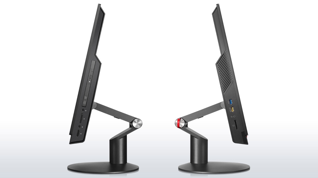 Lenovo ThinkCentre M900z Touch AIO, left and right side views showing ports and optical drive