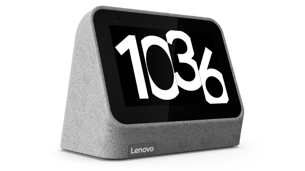 Lenovo Smart Clock di seconda generazione - vista frontale sinistra di 3/4, con le 10:36 visualizzate sul quadrante/display dell'orologio