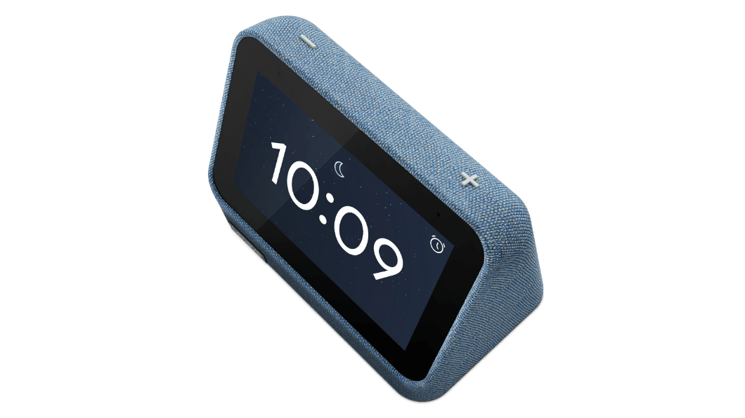 Lenovo Smart Clock Gen 2, Abyss Blue -väritys – kuva ylhäältä ja edestä, kellotaulussa/näytössä aika 10:09