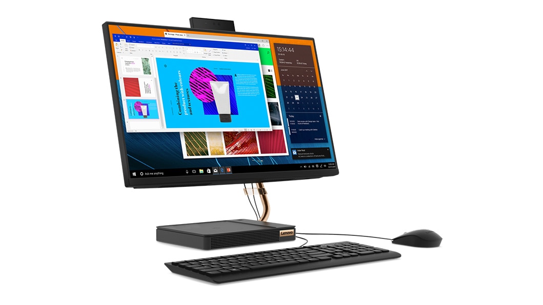 Left angle view of the Lenovo IdeaCentre A540 (24, AMD) with monitor, keyboard, and mouse