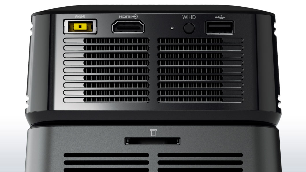 Lenovo Ideacentre 610S, projector back detail showing ports and venting
