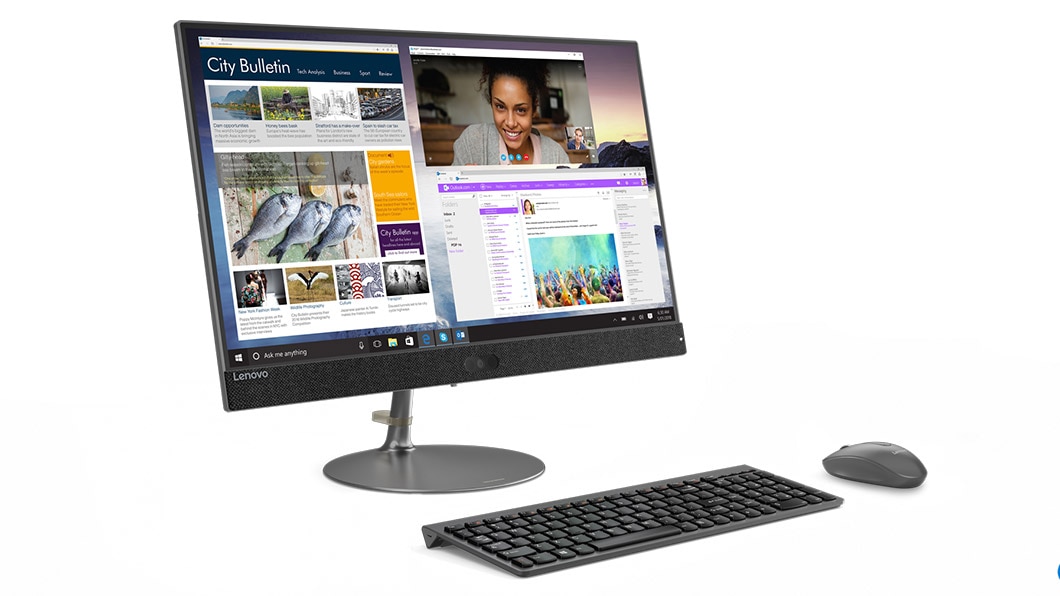 Lenovo Ideacentre 730s all-in-one in Iron Grey with matching keyboard and mouse.
