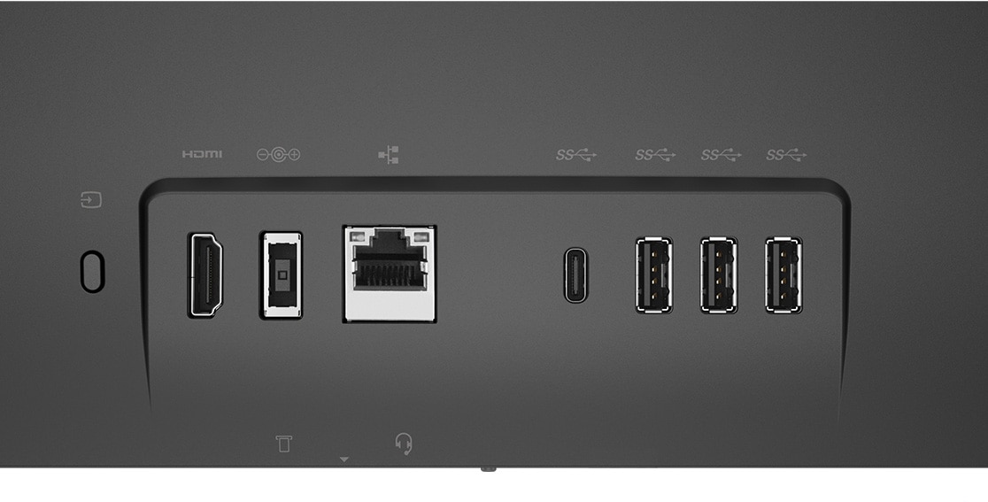 Close-up of ports in the rear of Lenovo Ideacentre 730s all-in-one PC with an emphasis on USB-C.