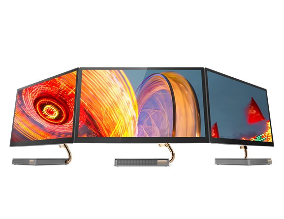 Lenovo IdeaCentre AIO 5i (27) all-in-one desktop, arranged in a horizontal row of three