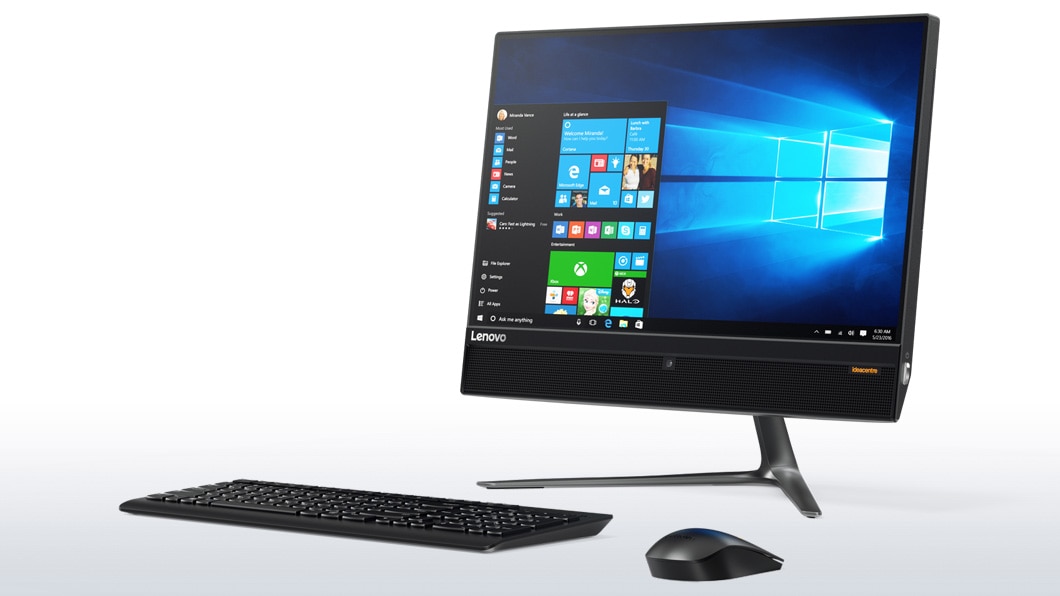 Lenovo Ideacentre AIO 510 (22) in black, front right side view with keyboard and mouse
