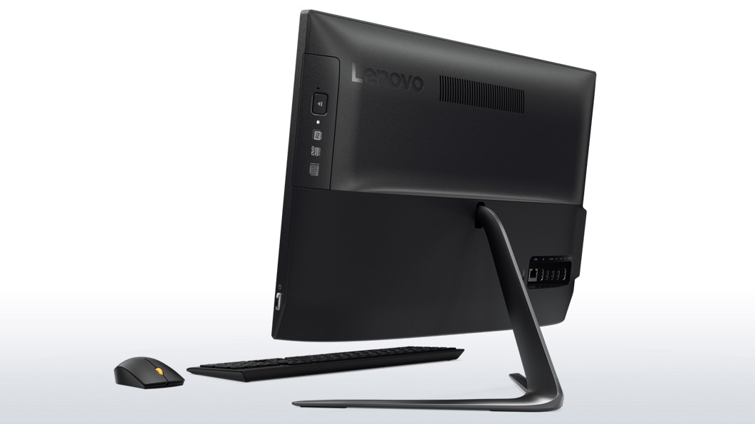 Lenovo Ideacentre AIO 510 (22) in black, back right side view with keyboard and mouse
