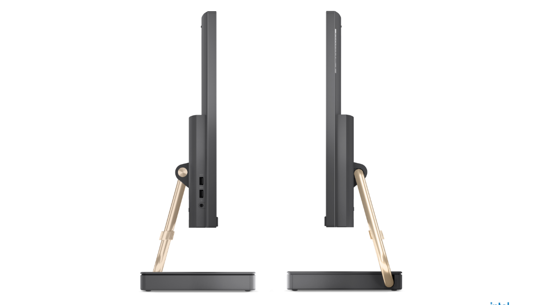 Dois IdeaCentre AIO 5i (6.ª geração) de 27'' (68,58 cm, Intel): virados um para o outro a mostrar as vistas de perfil esquerdo e direito
