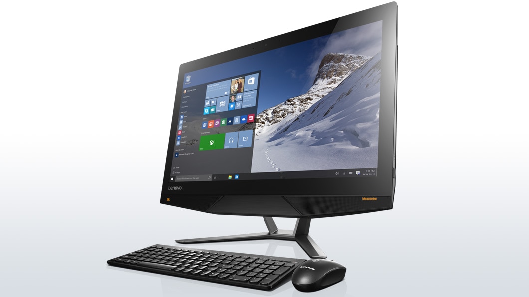 Lenovo Ideacentre AIO 700 in black, front right side view with keyboard and mouse