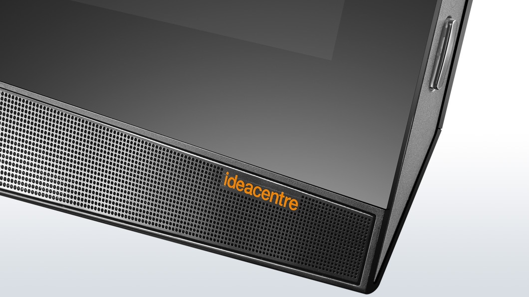Lenovo Ideacentre 700 (24) in black, front detail view of speaker and Ideacentre logo