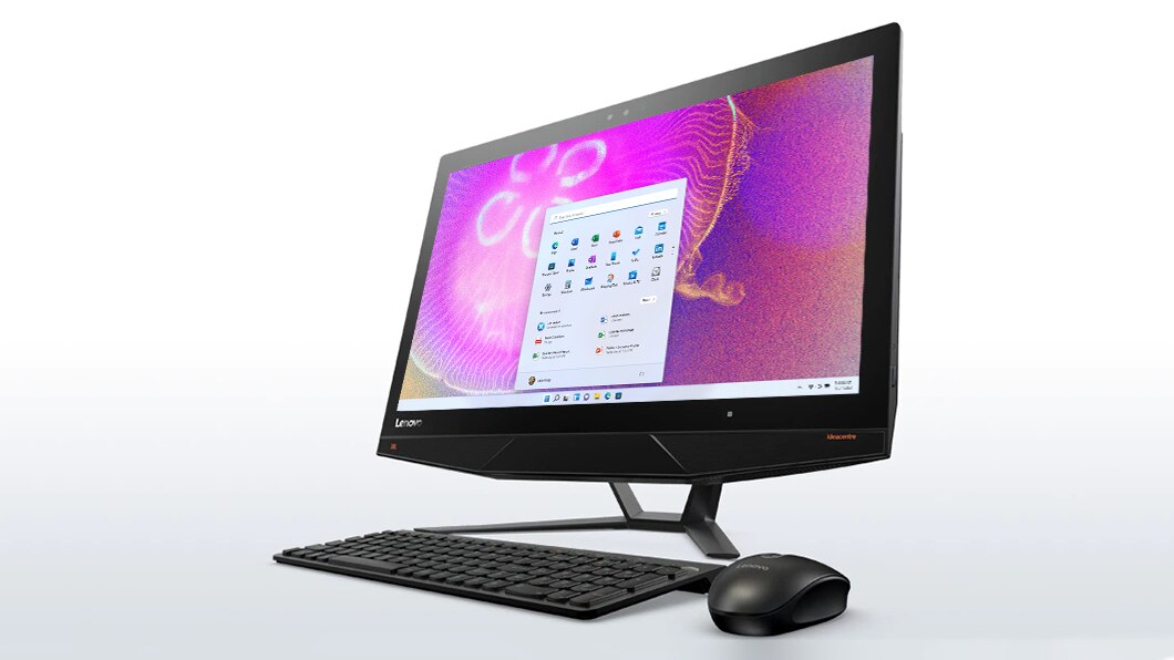 Lenovo Ideacentre AIO 700 (27), front right side view with keyboard and mouse