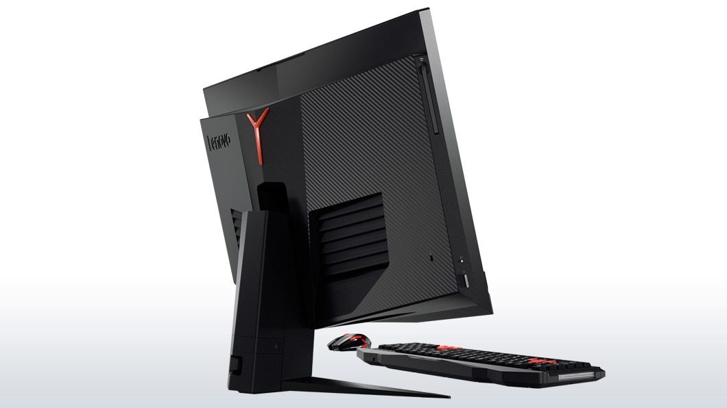 Lenovo Ideacentre AIO Y910, back let side view with gaming keyboard and mouse.