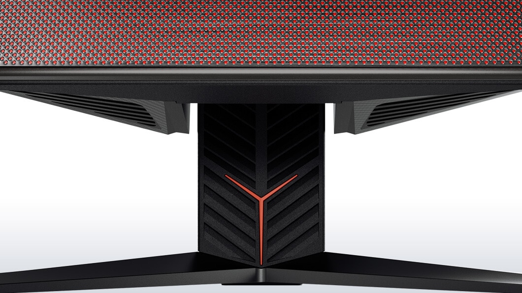 Lenovo Ideacentre AIO Y910, front detail view of stand and integrated red monitor speakers.