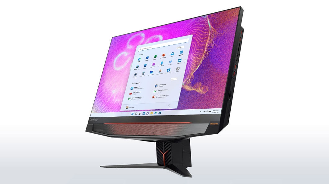 Lenovo Ideacentre AIO Y910, front right side view with game on display.