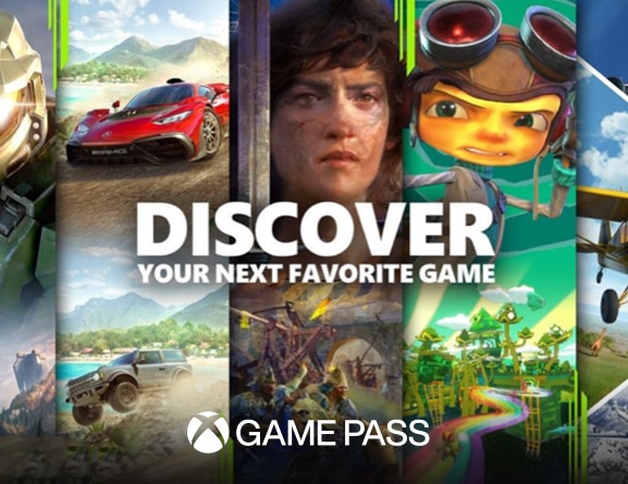 Grafik des Xbox Game Pass mit verschiedenen Spielen, die über den Xbox Game Pass gespielt werden können.