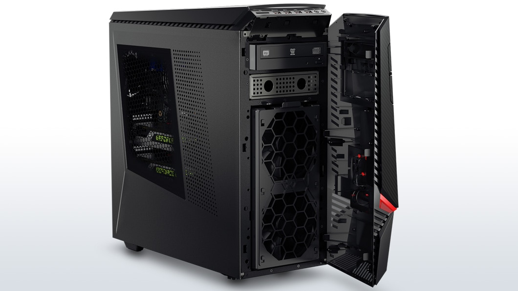 Lenovo Ideacentre Y900, front panel open showing optical drive and fans