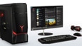 Lenovo Ideacentre Y900, front view with monitor, keyboard, mouse, and headset thumbnail