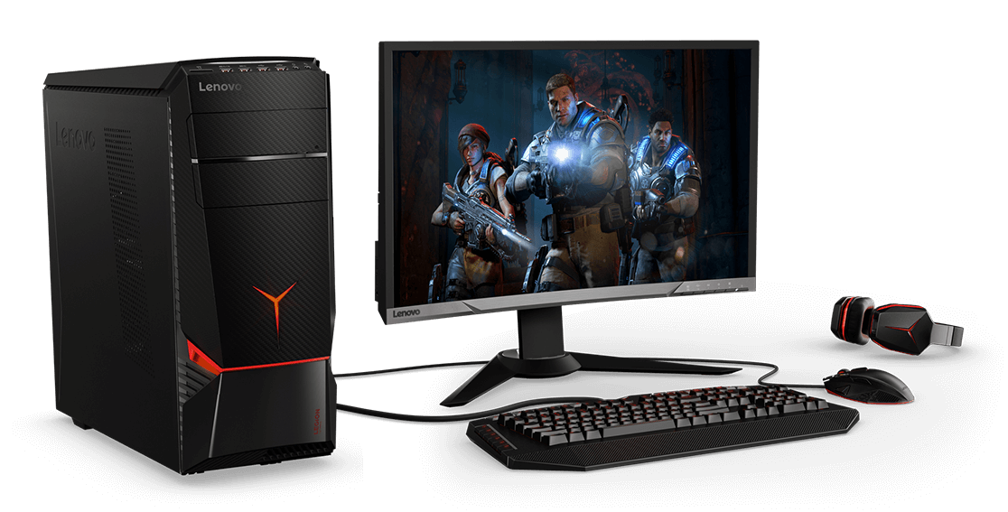 Lenovo Legion Y720 Tower, left of gaming monitor, keyboard, mouse, and headset
