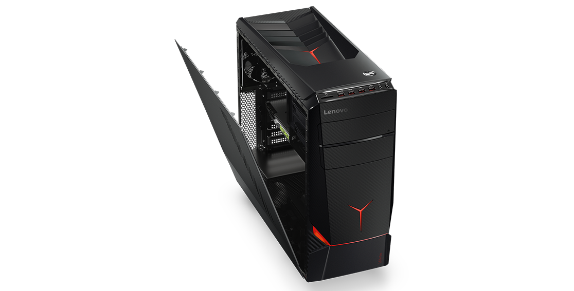 Lenovo Legion Y720 Tower, front view showing tool-free removal of side panel for internal access