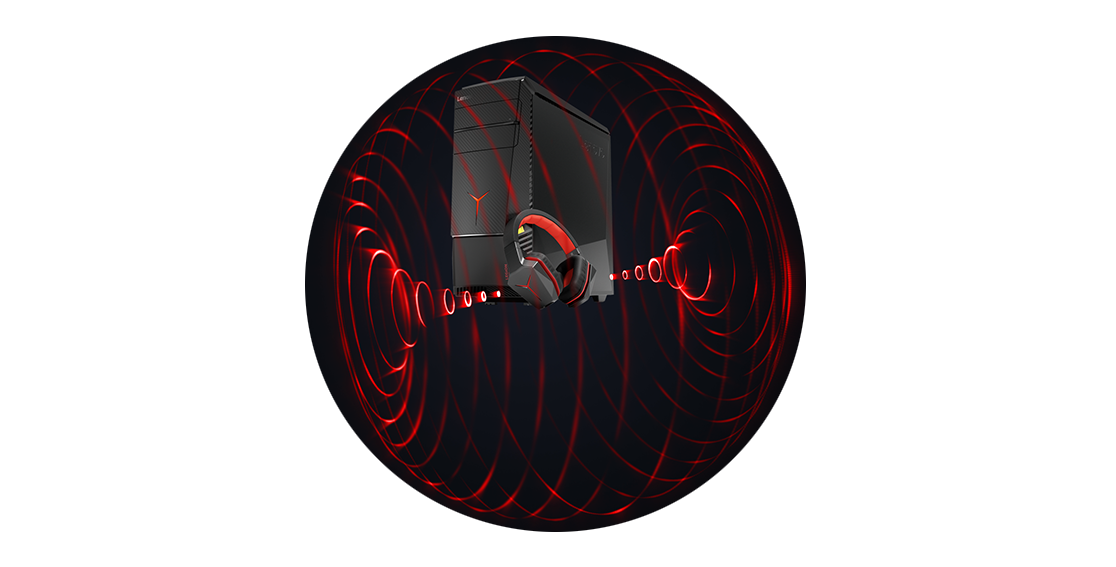 Lenovo Legion Y920 Tower, graphic red soundwaves surrounding tower and gaming headphones.