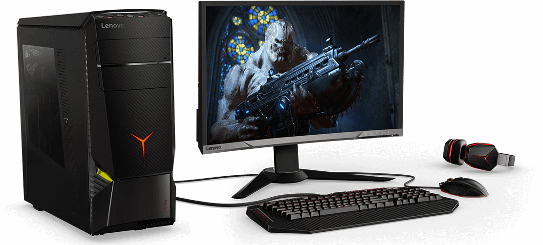 Lenovo Legion Y920 Tower, front left view with gaming monitor, keyboard, mouse, and headset