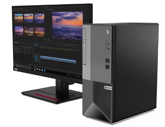 Lenovo V55t Gen 2 Tower PC angled to show right side, positioned vertically next to a ThinkVision monitor.