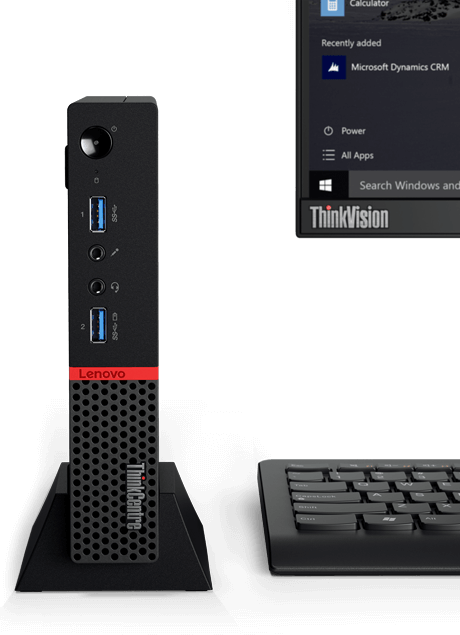Lenovo ThinkCentre M600 Tiny, front view beside monitor and keyboard