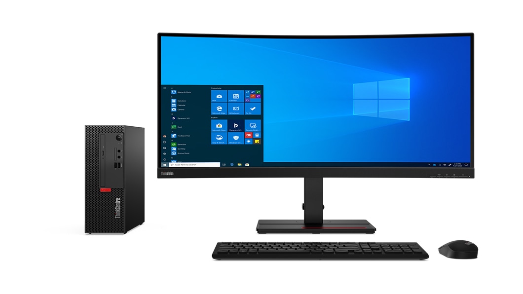 The ThinkCentre M70c desktop with monitor, keyboard, and mouse