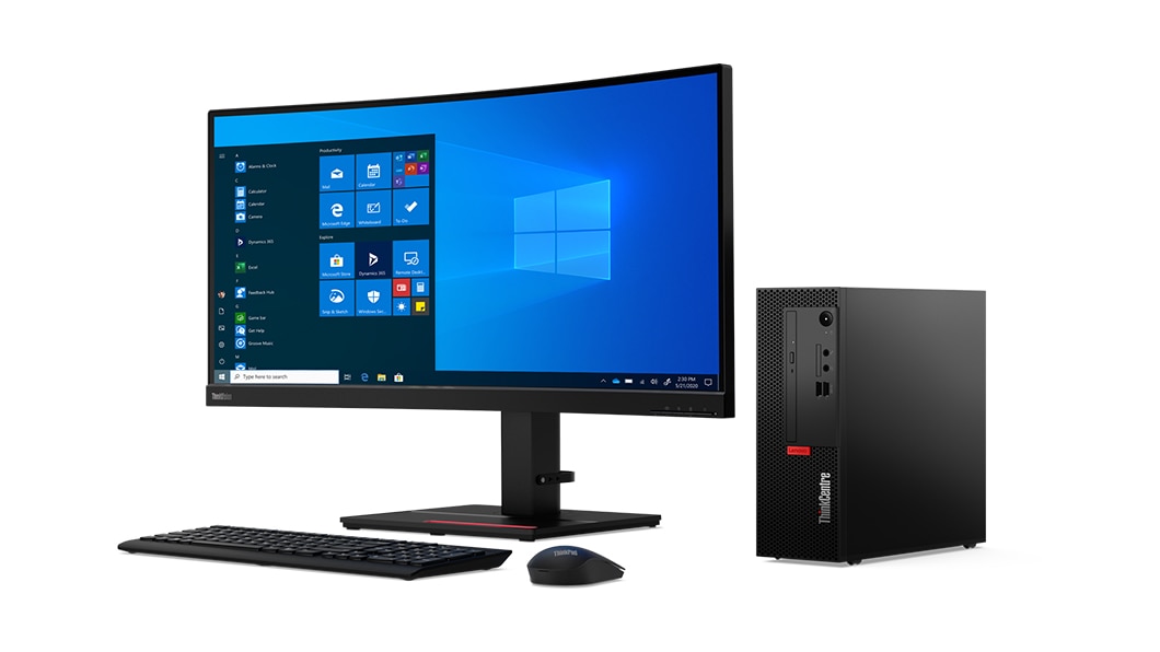 Right-angle view of the ThinkCenter M70c desktop with monitor, keyboard, and mouse