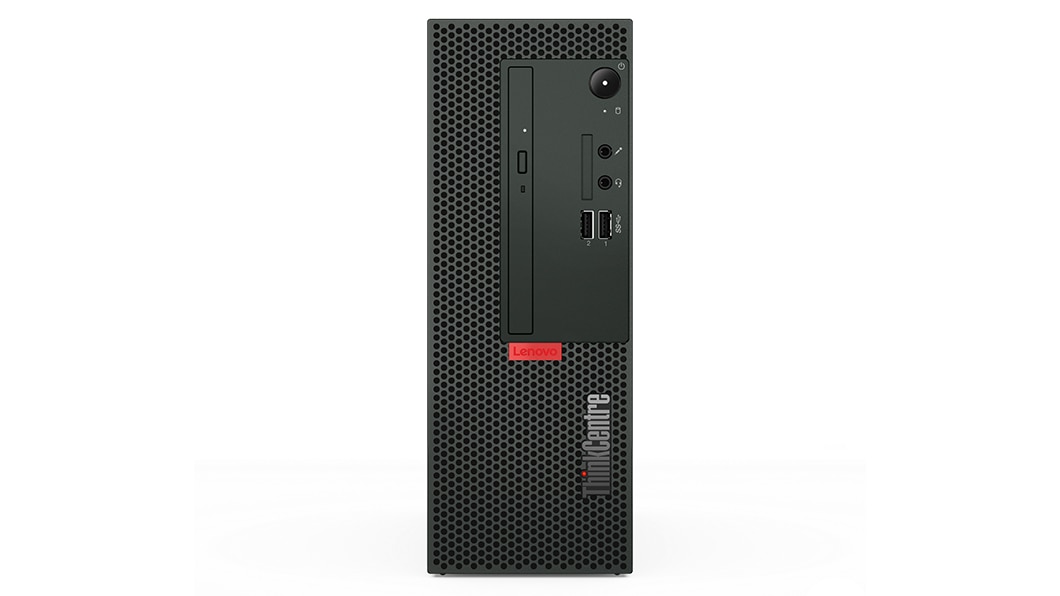 Front view of the ThinkCentre M70c desktop computer showing power button and ports